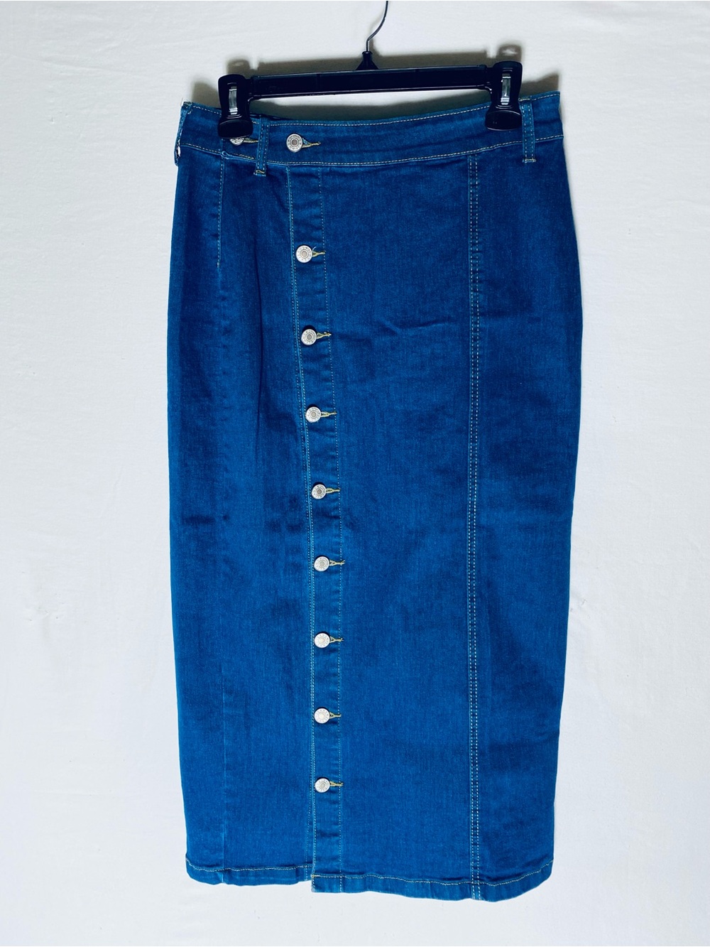 Retro Button Front Blue Jean Denim Midi Pencil Skirt L Boho Cottagecore Modest